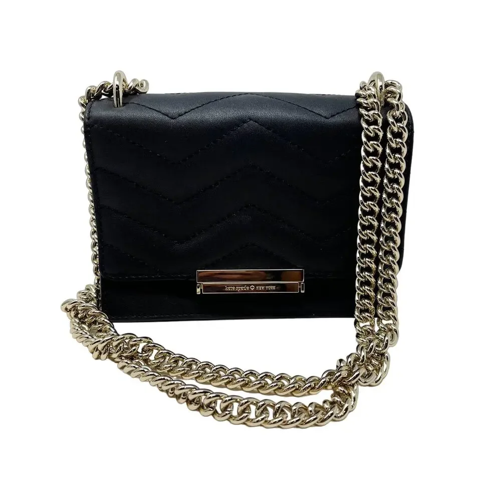 Kate Spade Black Emerson Place Lenia Quilted Flap Crossbody Bag Gold Chainlink